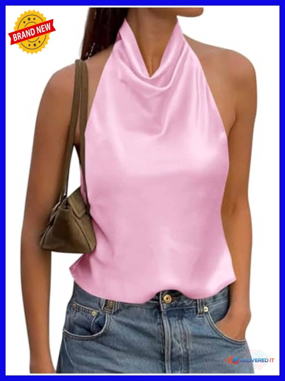 Satin Halter Tank Top, Backless Mock Neck Cami, Going Out Party Top